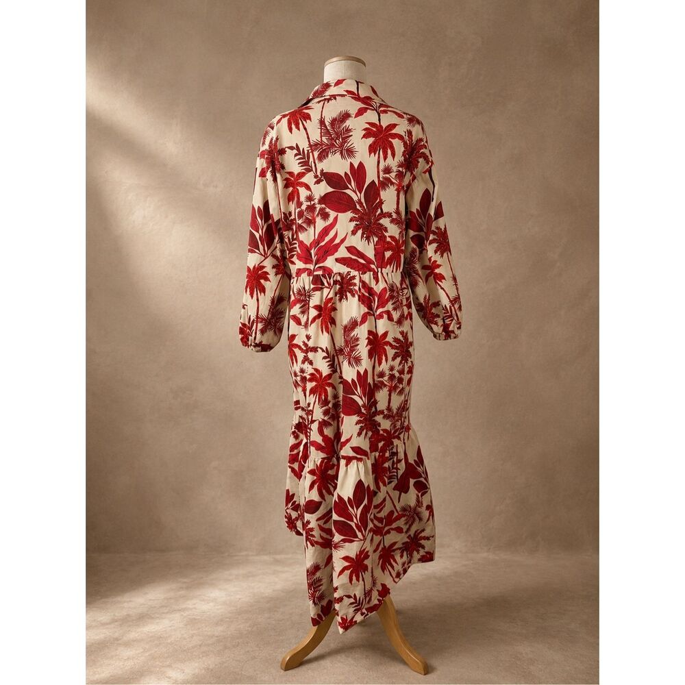 Maeve Medium Bettina Tiered Shirt Dress Red Tropical Floral Midi Boho Resort - Picture 6 of 11